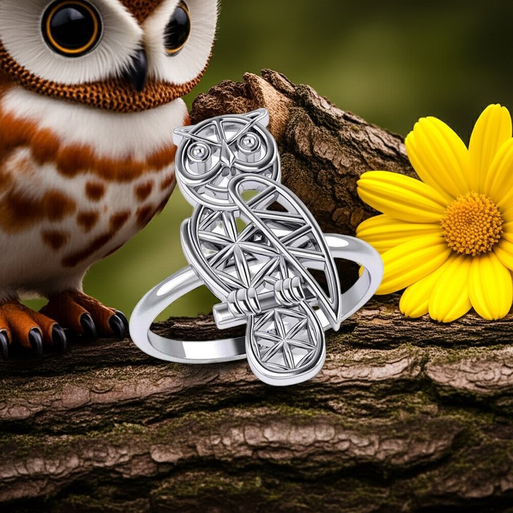 Owl Flower of Life Sterling Silver Ring, Size 6